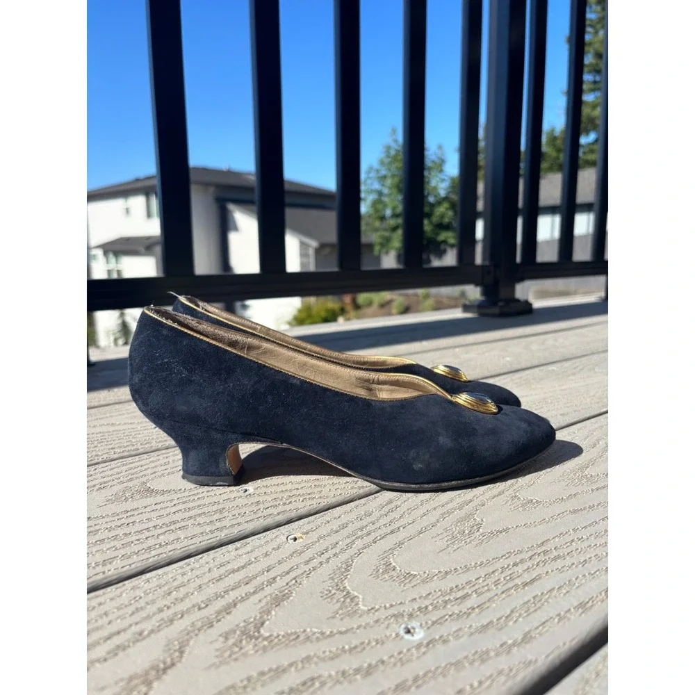 Salvatore Ferragamo Navy Suede Low Heel Pumps with Gold Accent